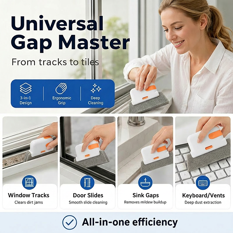🧹 Raamgroefreiniger 3-in-1 – schrobborstel, hoekborstel en spons in één, ideaal voor ramen en deuren.
