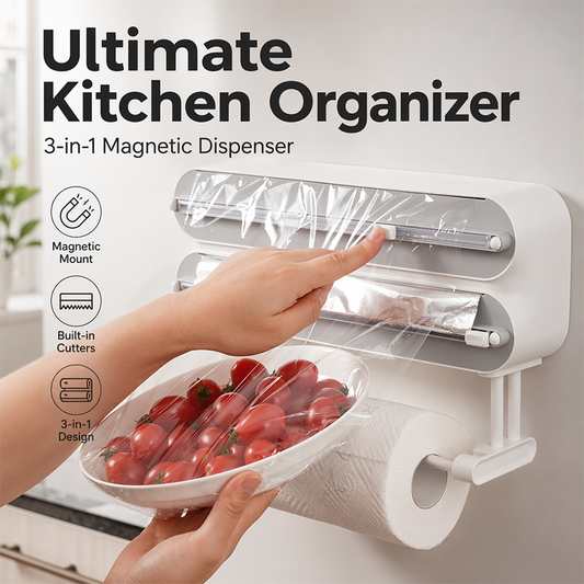 🧲 3-in-1 keukenrolhouder – met snijder, magnetisch of kleefstrip, geen boren, past op elke koelkast.