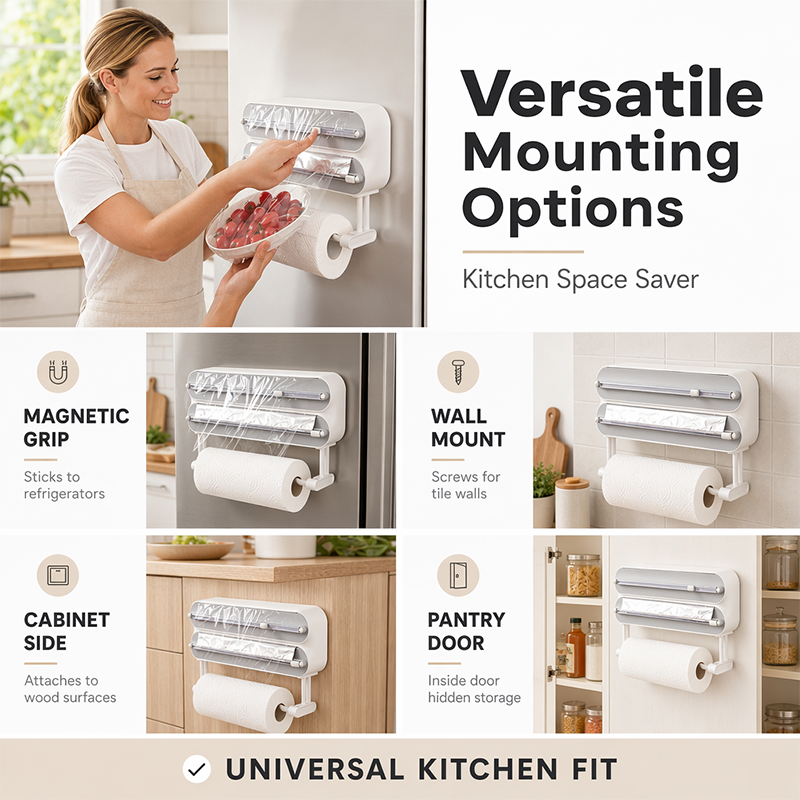 ⏳Time-Limited Special⏰3-in-1 Magnetic Kitchen Wrap Dispenser – Built-in Cutter Plastic Wrap Foil Dispenser with Paper Towel Holder, No Drilling Wall Mount Kitchen Organizer for Fridge & Cabinet