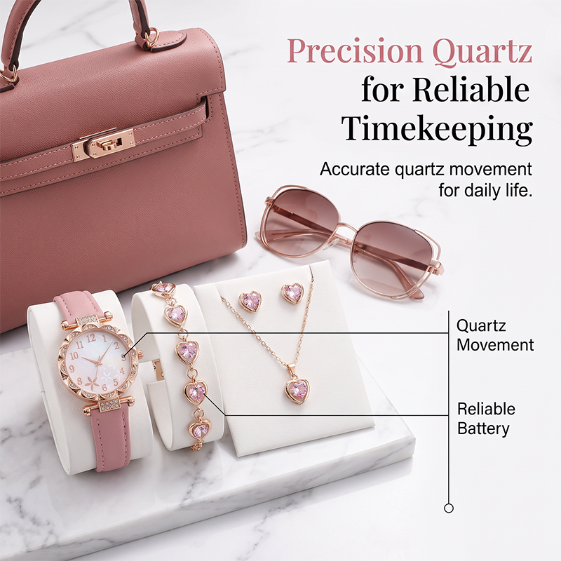 💥【50% OFF】🔥 Dames Horloge & Sieraden 5-delig Set | Vlinderwijzerplaat met Strass Quartz | Echte Leren Band Comfortabel | Bijpassende Hartvormige Ketting/Armband/Oorbellen/Ring | 4 Kleuren (Wit/Roze/Zwart/Zwart-Wit) | Perfect Cadeau 🎁