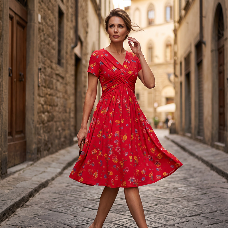 🌸 50 % RABATT | Mühelose Eleganz – Florales V-Ausschnitt-Kleid mit schmeichelhaftem Taillendetail