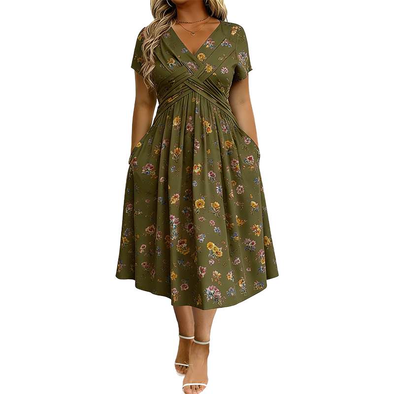 🌸 50 % RABATT | Mühelose Eleganz – Florales V-Ausschnitt-Kleid mit schmeichelhaftem Taillendetail