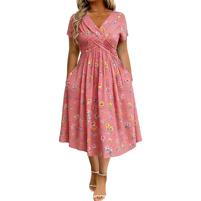 🌸 50 % RABATT | Mühelose Eleganz – Florales V-Ausschnitt-Kleid mit schmeichelhaftem Taillendetail