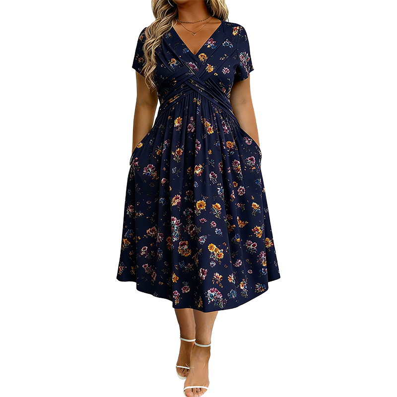 🌸 50 % RABATT | Mühelose Eleganz – Florales V-Ausschnitt-Kleid mit schmeichelhaftem Taillendetail