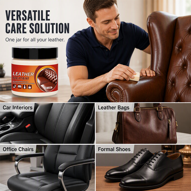 👜✨ 50% korting! Leerreparatiecrème – 💎 herstelt krassen & slijtage, 🌿 voedt leer, 🧽 eenvoudig aan te brengen!
