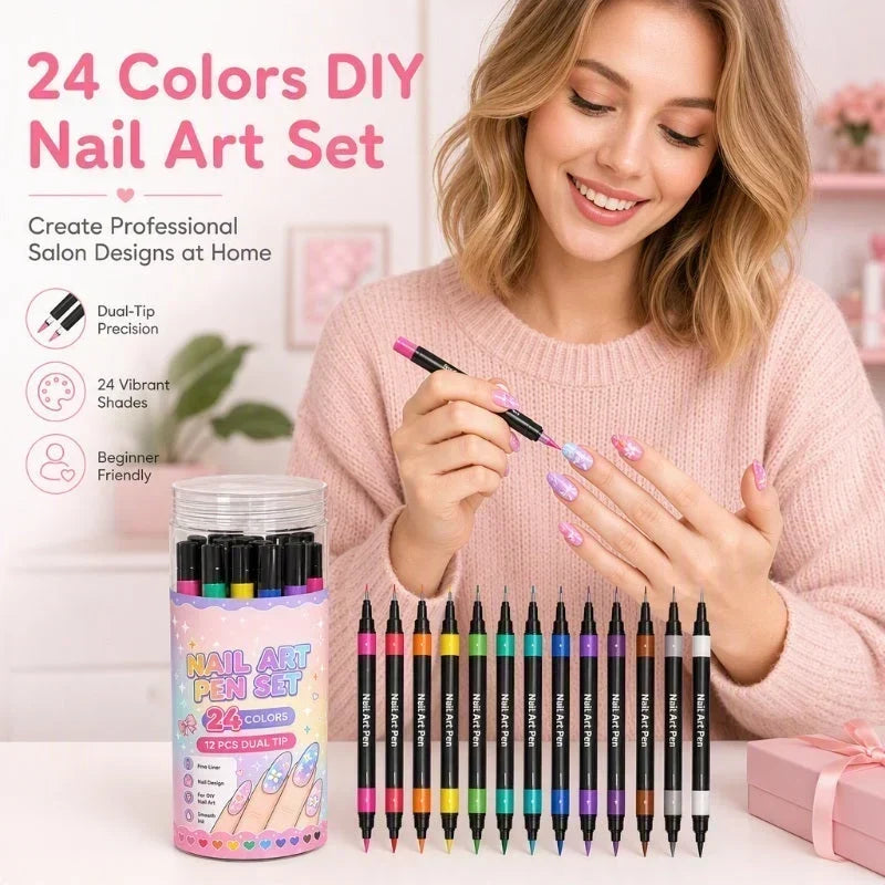 💅 50% korting! 12-kleurige dual-tip nagelstiften – fijne punt & kwastpunt, 24 levendige kleuren, langhoudend & snel drogend. Creëer salonwaardige nagelkunst thuis! ✨🎨