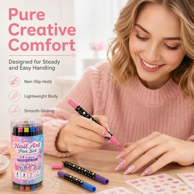 💅 50% korting! 12-kleurige dual-tip nagelstiften – fijne punt & kwastpunt, 24 levendige kleuren, langhoudend & snel drogend. Creëer salonwaardige nagelkunst thuis! ✨🎨