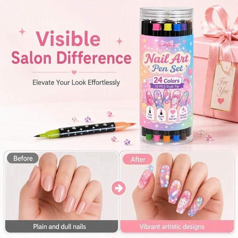 💅 50% korting! 12-kleurige dual-tip nagelstiften – fijne punt & kwastpunt, 24 levendige kleuren, langhoudend & snel drogend. Creëer salonwaardige nagelkunst thuis! ✨🎨