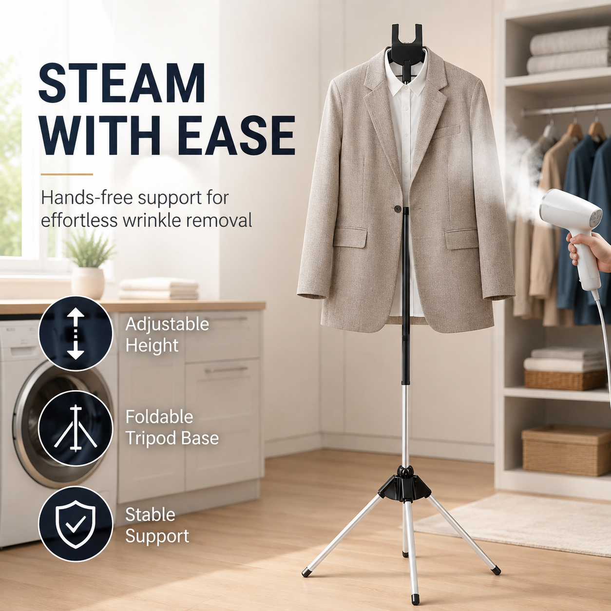 🧥 50% korting! Verstelbare stoomstandaard – 84-160cm, stabiel & inklapbaar. Voor elke outfit, thuis of op reis! ⚡✨