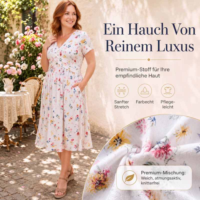 🌸 50 % RABATT | Mühelose Eleganz – Florales V-Ausschnitt-Kleid mit schmeichelhaftem Taillendetail