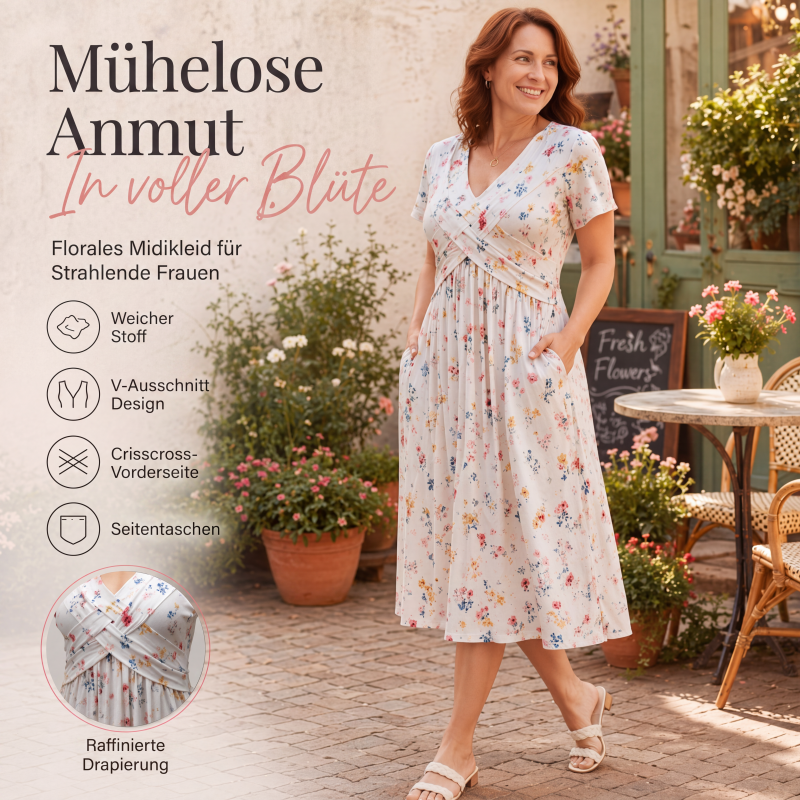 🌸 50 % RABATT | Mühelose Eleganz – Florales V-Ausschnitt-Kleid mit schmeichelhaftem Taillendetail