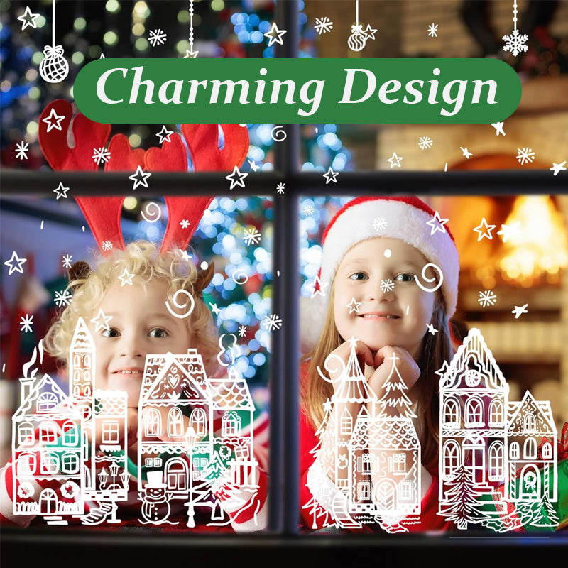 🎄 50% KORTING! Kerstdorp Raamstickers Set – Winterdorp, Sneeuwvlokken & Sterren ❄️