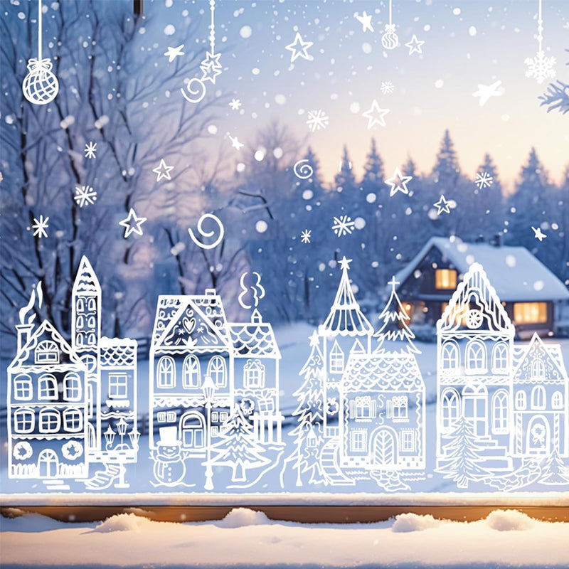 🎄 50% KORTING! Kerstdorp Raamstickers Set – Winterdorp, Sneeuwvlokken & Sterren ❄️