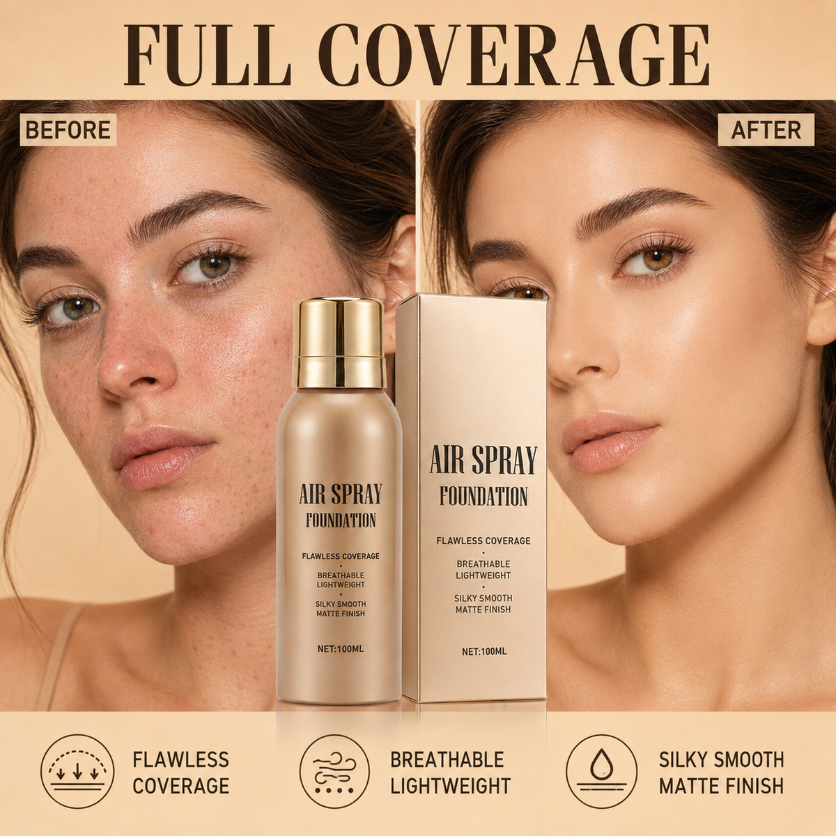 ✨ 50% korting! Foundation spray – volledige dekking, water- & zweetbestendig, lichte formule & matte finish. Natuurlijke look – de hele dag! 💖🛡️