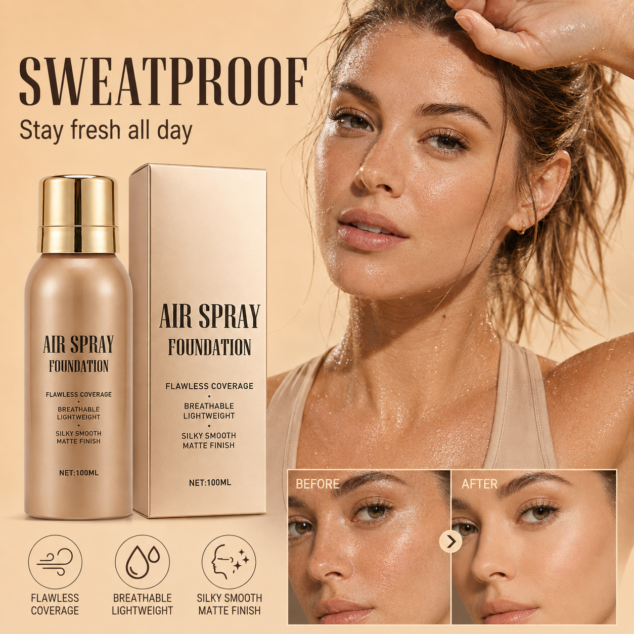 ✨ 50% korting! Foundation spray – volledige dekking, water- & zweetbestendig, lichte formule & matte finish. Natuurlijke look – de hele dag! 💖🛡️