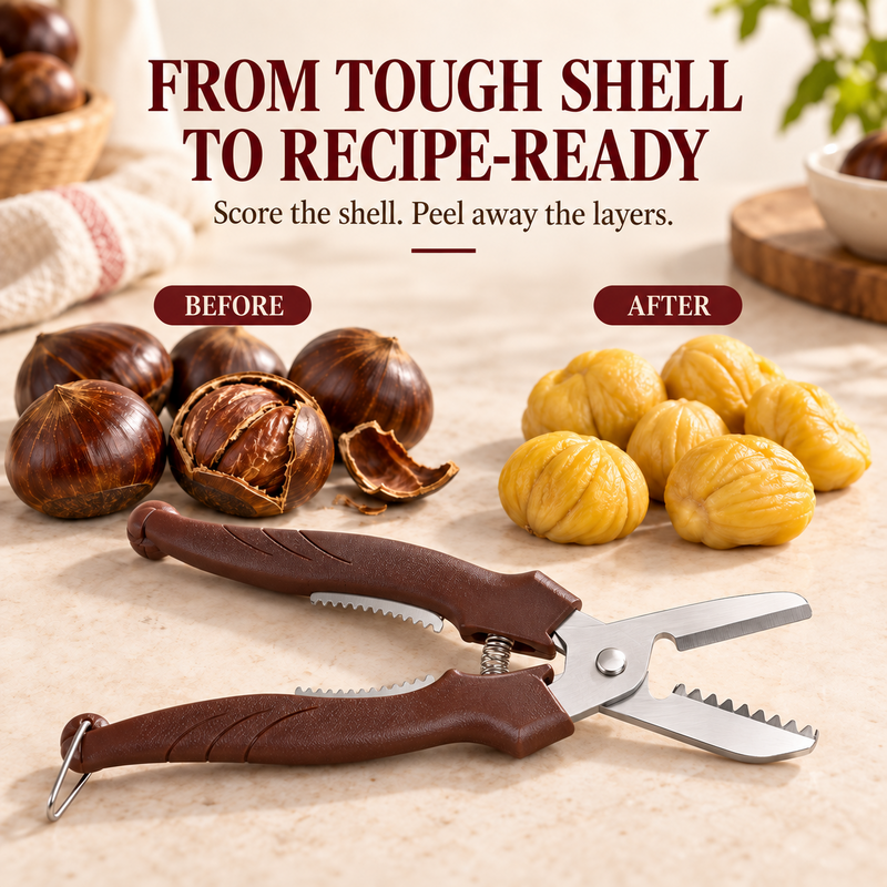 🌰 50% korting! Kastanjeschaar met vingerbeschermers & pellepel – dubbelzijdig, veilig & moeiteloos pellen. Van harde schil naar bereidingsklaar in seconden! ✨🔪