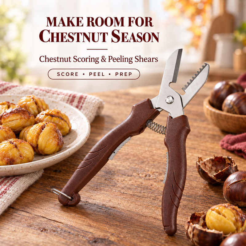 🌰 50% korting! Kastanjeschaar met vingerbeschermers & pellepel – dubbelzijdig, veilig & moeiteloos pellen. Van harde schil naar bereidingsklaar in seconden! ✨🔪