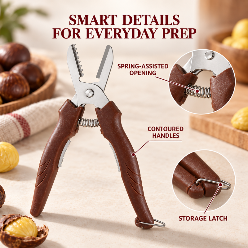 🌰 50% korting! Kastanjeschaar met vingerbeschermers & pellepel – dubbelzijdig, veilig & moeiteloos pellen. Van harde schil naar bereidingsklaar in seconden! ✨🔪