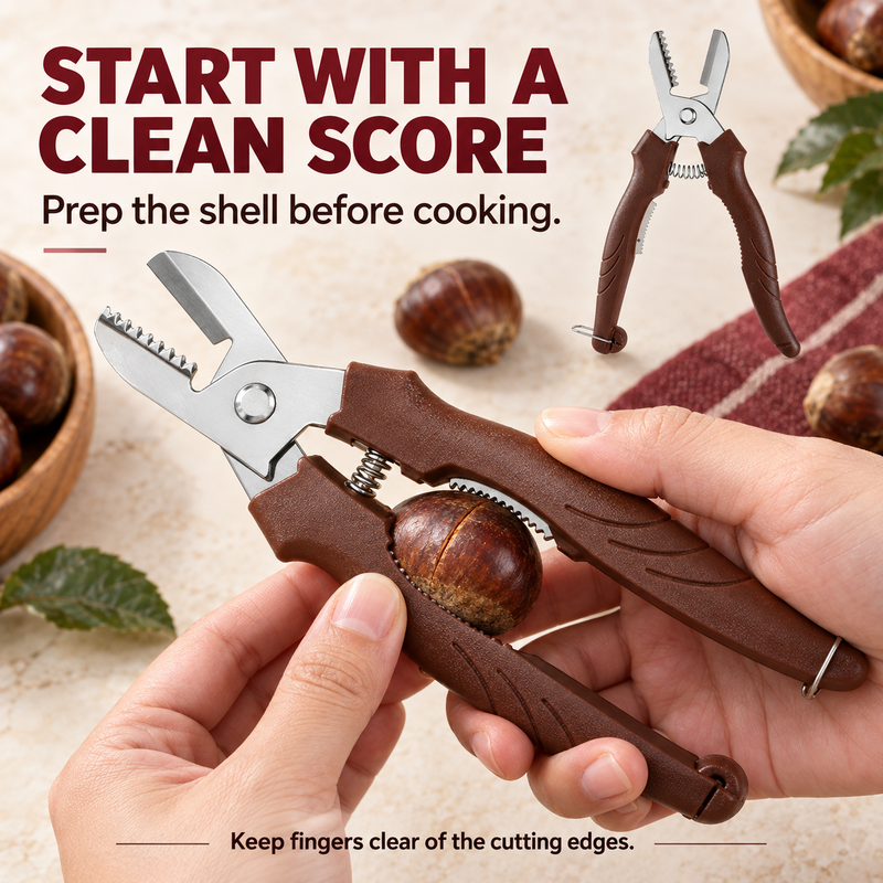 🌰 50% korting! Kastanjeschaar met vingerbeschermers & pellepel – dubbelzijdig, veilig & moeiteloos pellen. Van harde schil naar bereidingsklaar in seconden! ✨🔪