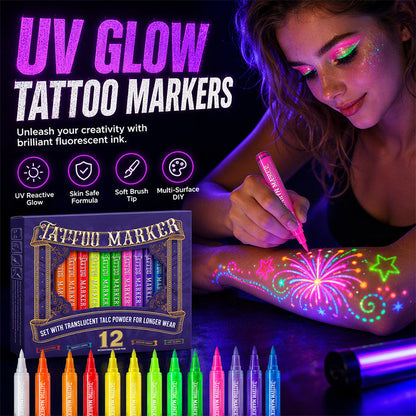 🌟 50% korting! UV glow tattoo markers – fluorescerende inkt, huidveilig & sneldrogend. Schitter op feesten, concerten & festivals – ook voor DIY! ✨🎨