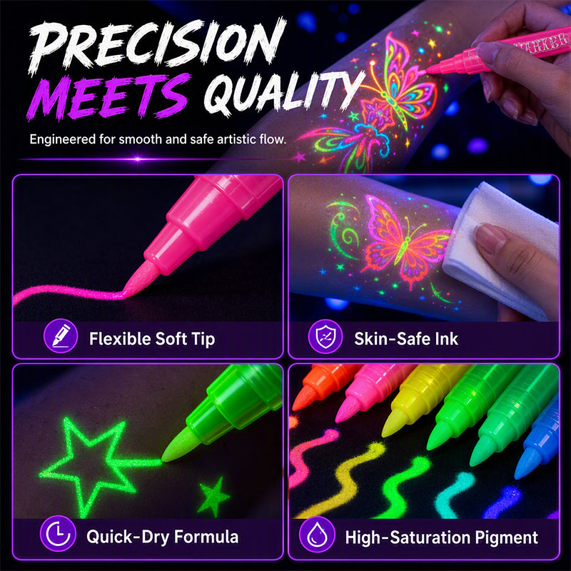 🌟 50% korting! UV glow tattoo markers – fluorescerende inkt, huidveilig & sneldrogend. Schitter op feesten, concerten & festivals – ook voor DIY! ✨🎨
