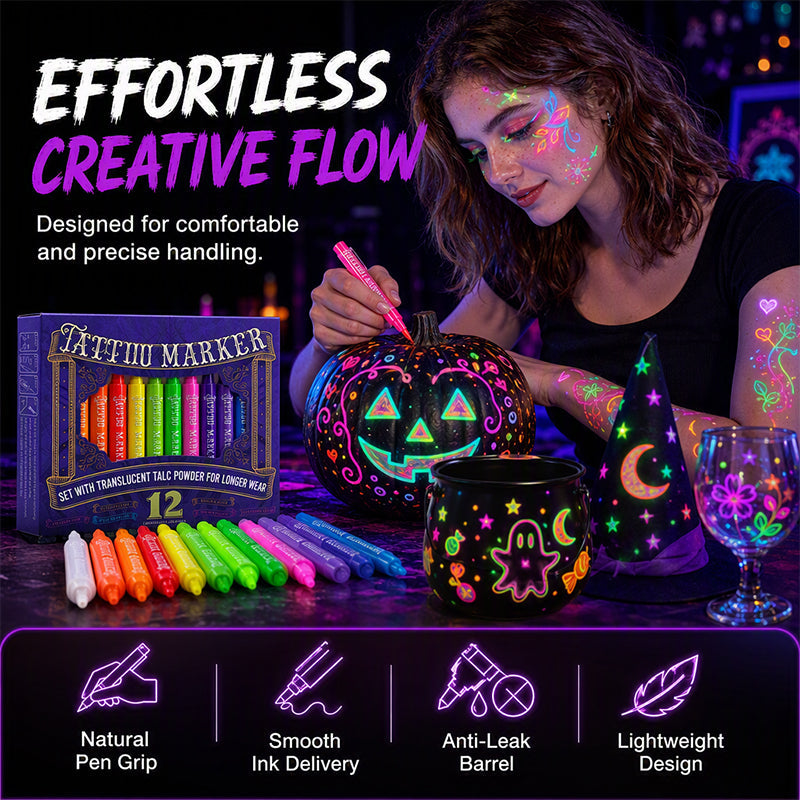 🌟 50% korting! UV glow tattoo markers – fluorescerende inkt, huidveilig & sneldrogend. Schitter op feesten, concerten & festivals – ook voor DIY! ✨🎨