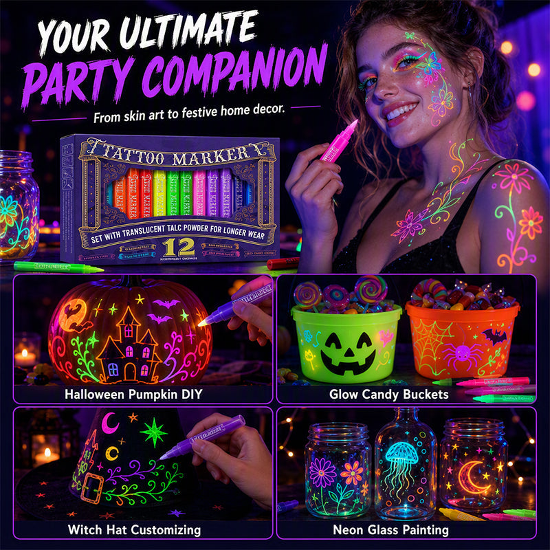 🌟 50% korting! UV glow tattoo markers – fluorescerende inkt, huidveilig & sneldrogend. Schitter op feesten, concerten & festivals – ook voor DIY! ✨🎨