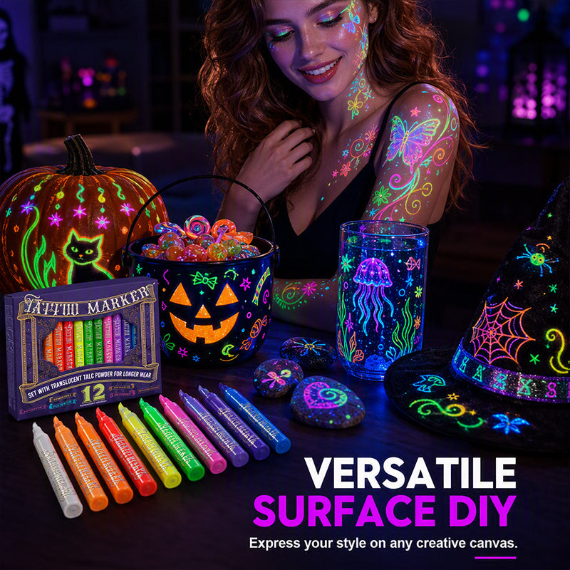 🌟 50% korting! UV glow tattoo markers – fluorescerende inkt, huidveilig & sneldrogend. Schitter op feesten, concerten & festivals – ook voor DIY! ✨🎨