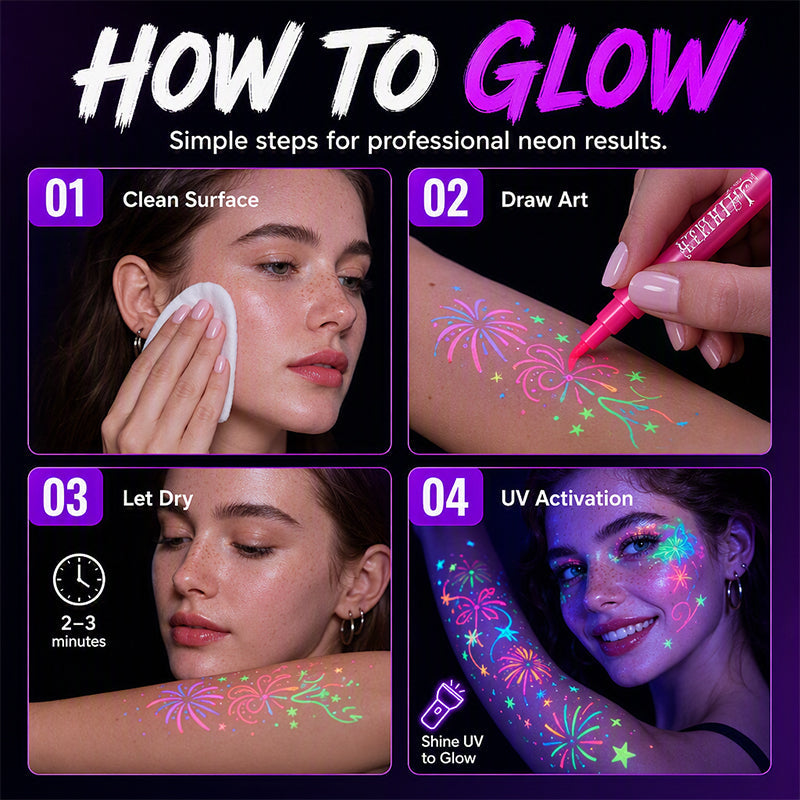 🌟 50% korting! UV glow tattoo markers – fluorescerende inkt, huidveilig & sneldrogend. Schitter op feesten, concerten & festivals – ook voor DIY! ✨🎨