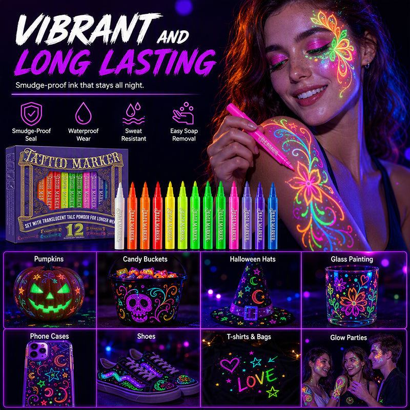 🌟 50% korting! UV glow tattoo markers – fluorescerende inkt, huidveilig & sneldrogend. Schitter op feesten, concerten & festivals – ook voor DIY! ✨🎨