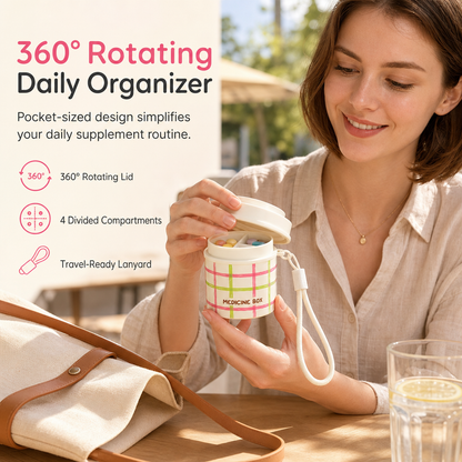 💊 50% korting! 360° roterende pillenorganizer – 4 vakken, draaiend deksel & afneembaar wasbaar. Compact & perfect voor onderweg! ✨🧳