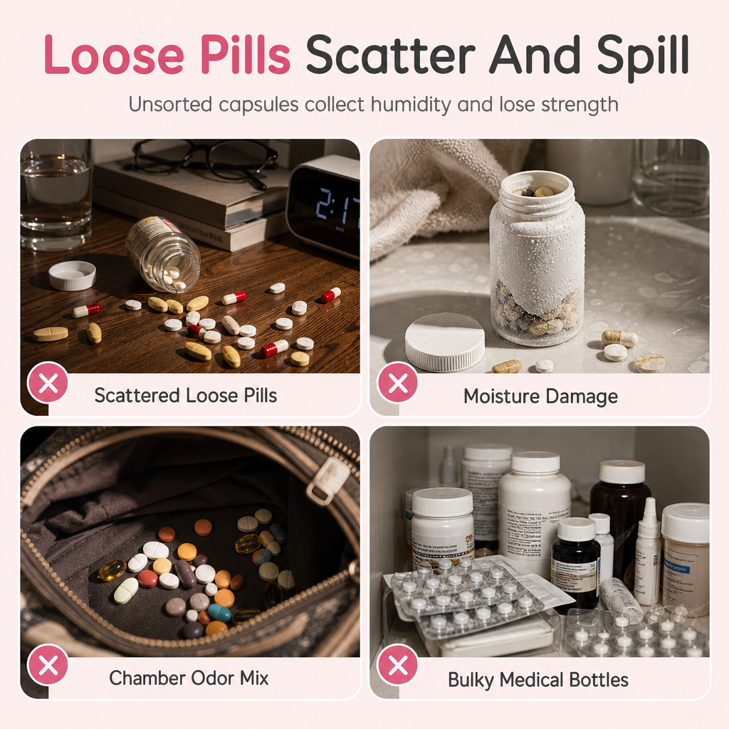 💊 50% korting! 360° roterende pillenorganizer – 4 vakken, draaiend deksel & afneembaar wasbaar. Compact & perfect voor onderweg! ✨🧳
