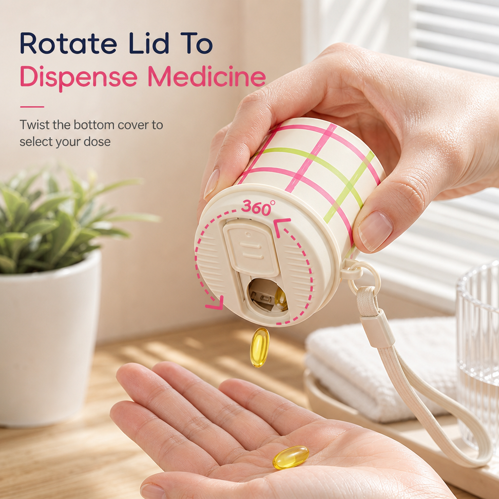 💊 50% korting! 360° roterende pillenorganizer – 4 vakken, draaiend deksel & afneembaar wasbaar. Compact & perfect voor onderweg! ✨🧳