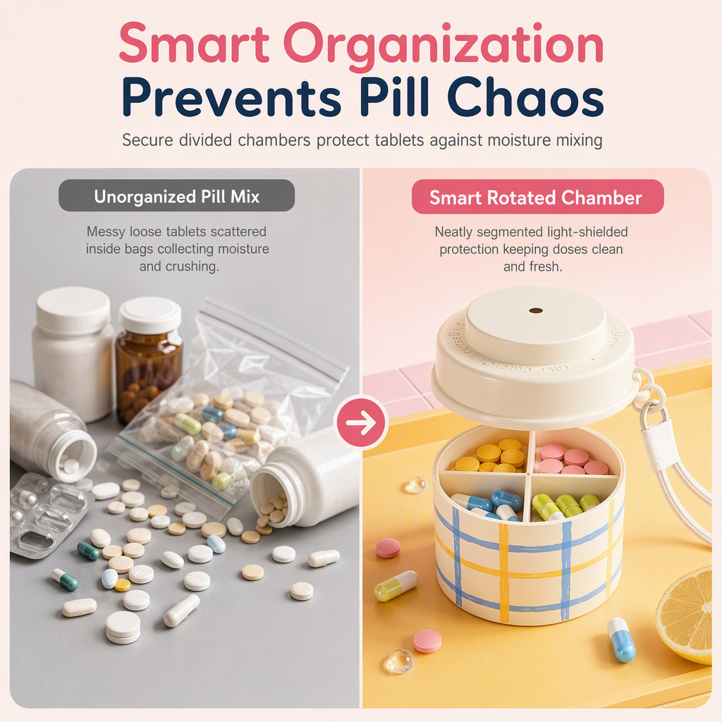 💊 50% korting! 360° roterende pillenorganizer – 4 vakken, draaiend deksel & afneembaar wasbaar. Compact & perfect voor onderweg! ✨🧳