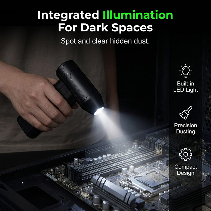 💨 50% korting! Oplaadbare luchtblazer – 100.000 rpm, 6000 mAh & ingebouwde verlichting. Blaas stof uit toetsenborden, auto & kieren. USB-C! ✨🔋