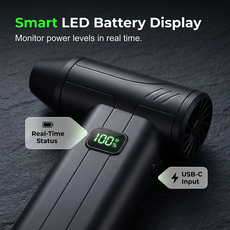 💨 50% korting! Oplaadbare luchtblazer – 100.000 rpm, 6000 mAh & ingebouwde verlichting. Blaas stof uit toetsenborden, auto & kieren. USB-C! ✨🔋