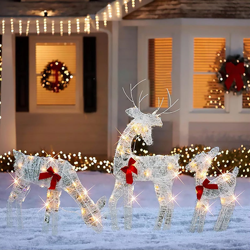 🎄🦌LED-kerstrendierenset met strik – decoratieve rendierfamilie voor binnen en buiten