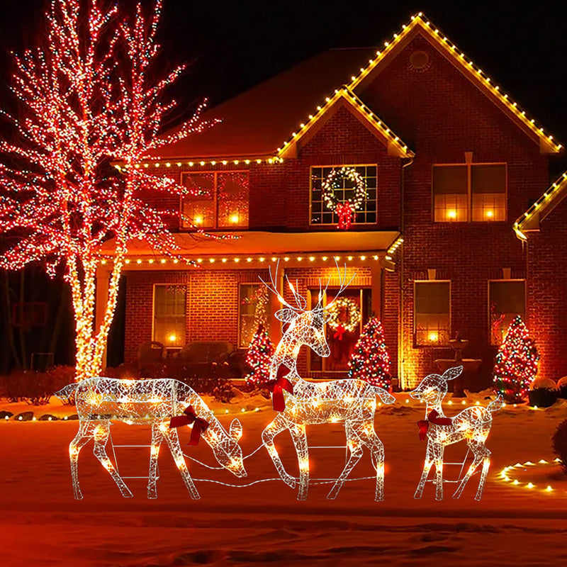 🎄🦌LED-kerstrendierenset met strik – decoratieve rendierfamilie voor binnen en buiten