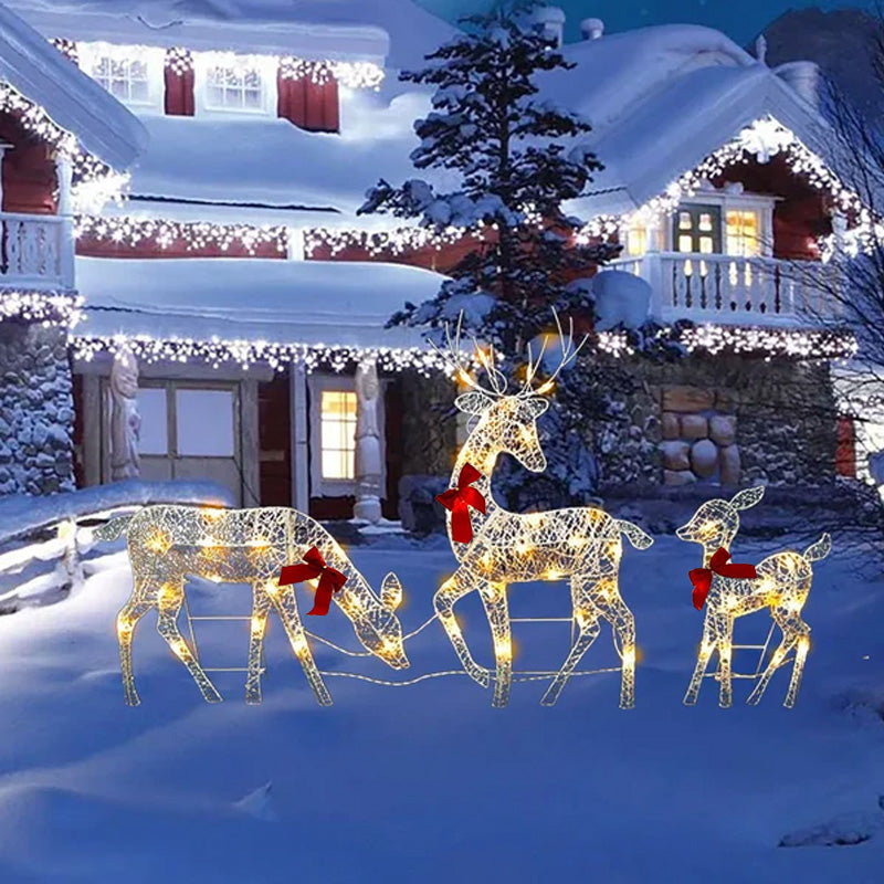 🎄🦌LED-kerstrendierenset met strik – decoratieve rendierfamilie voor binnen en buiten