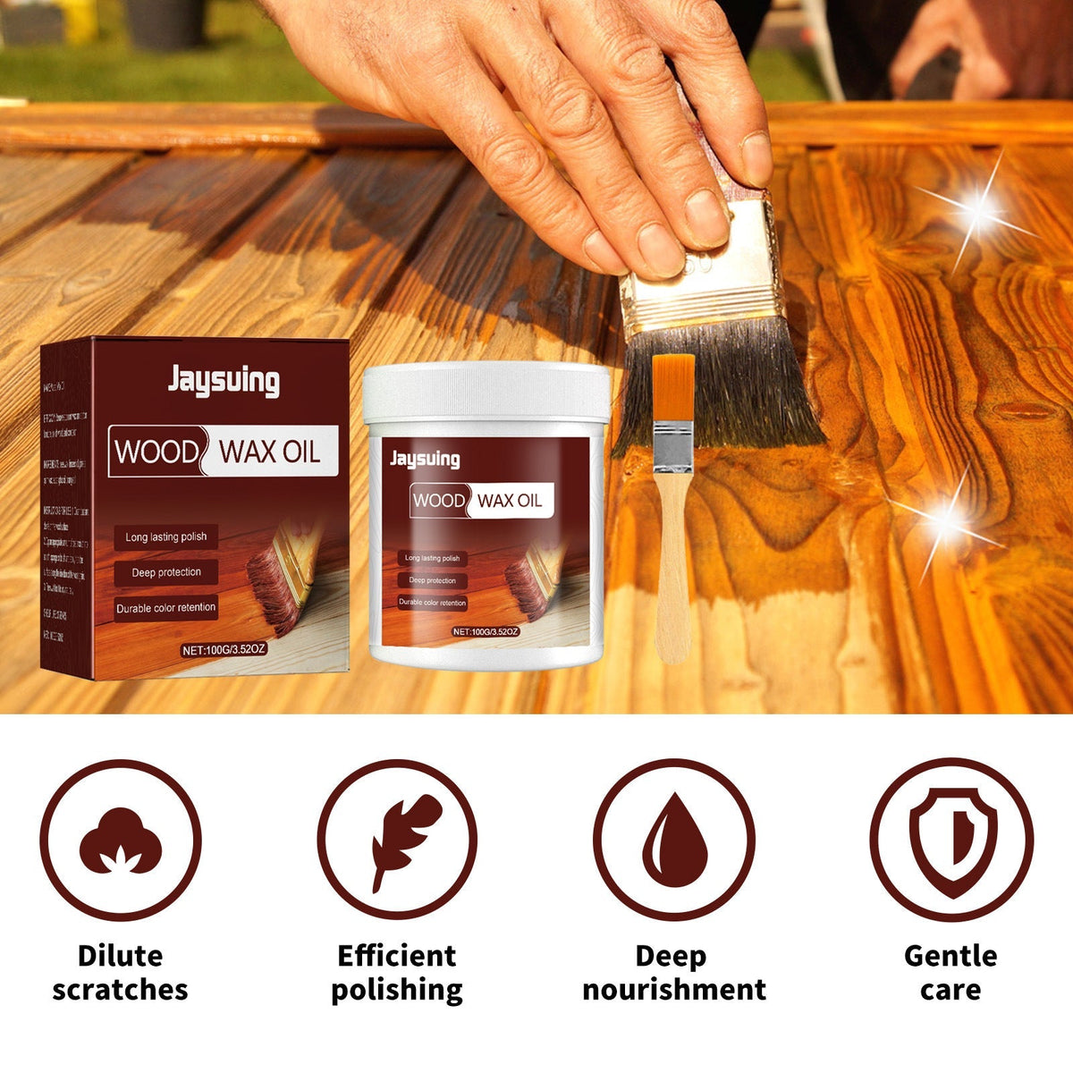 🪵 50% korting! Houtonderhoudspasta – bijenwas, lijnzaadolie & carnaubawas. Reinigt, verzorgt & herstelt glans. Inclusief borstel – 100 g! ✨🪑