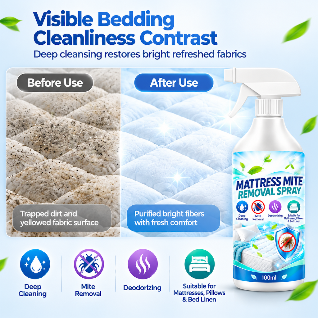 🛏️ 50% korting! Matras- & beddingspray – brede fijne nevel, verfrist matrassen, lakens & textiel. Compacte spuitfles, 100 ml – eenvoudig & fris! ✨🧴