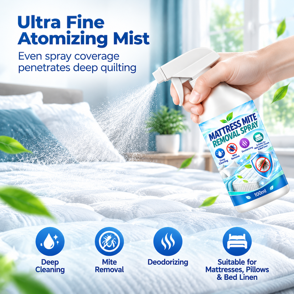 🛏️ 50% korting! Matras- & beddingspray – brede fijne nevel, verfrist matrassen, lakens & textiel. Compacte spuitfles, 100 ml – eenvoudig & fris! ✨🧴