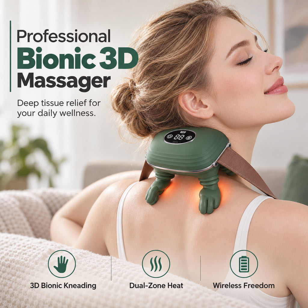 💆 50% korting! Bionische 3D nek- & schoudermassager – 5-vingerige kneedtechniek, dubbele warmtezones & handsfree draagband. 2000 mAh – overal verlichting! ✨💪