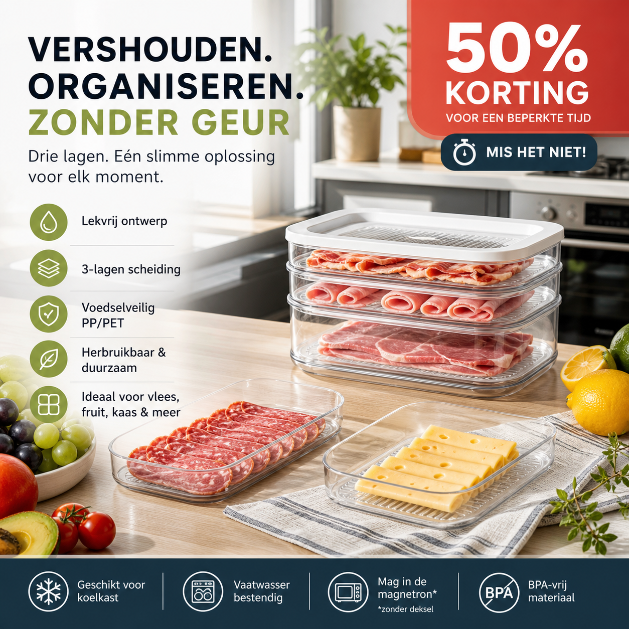 🥗 50% korting! 3-laags opbergbakken met deksel – stapelbaar, helder & herbruikbaar. Houd groenten & fruit langer vers in de koelkast! ✨🧊
