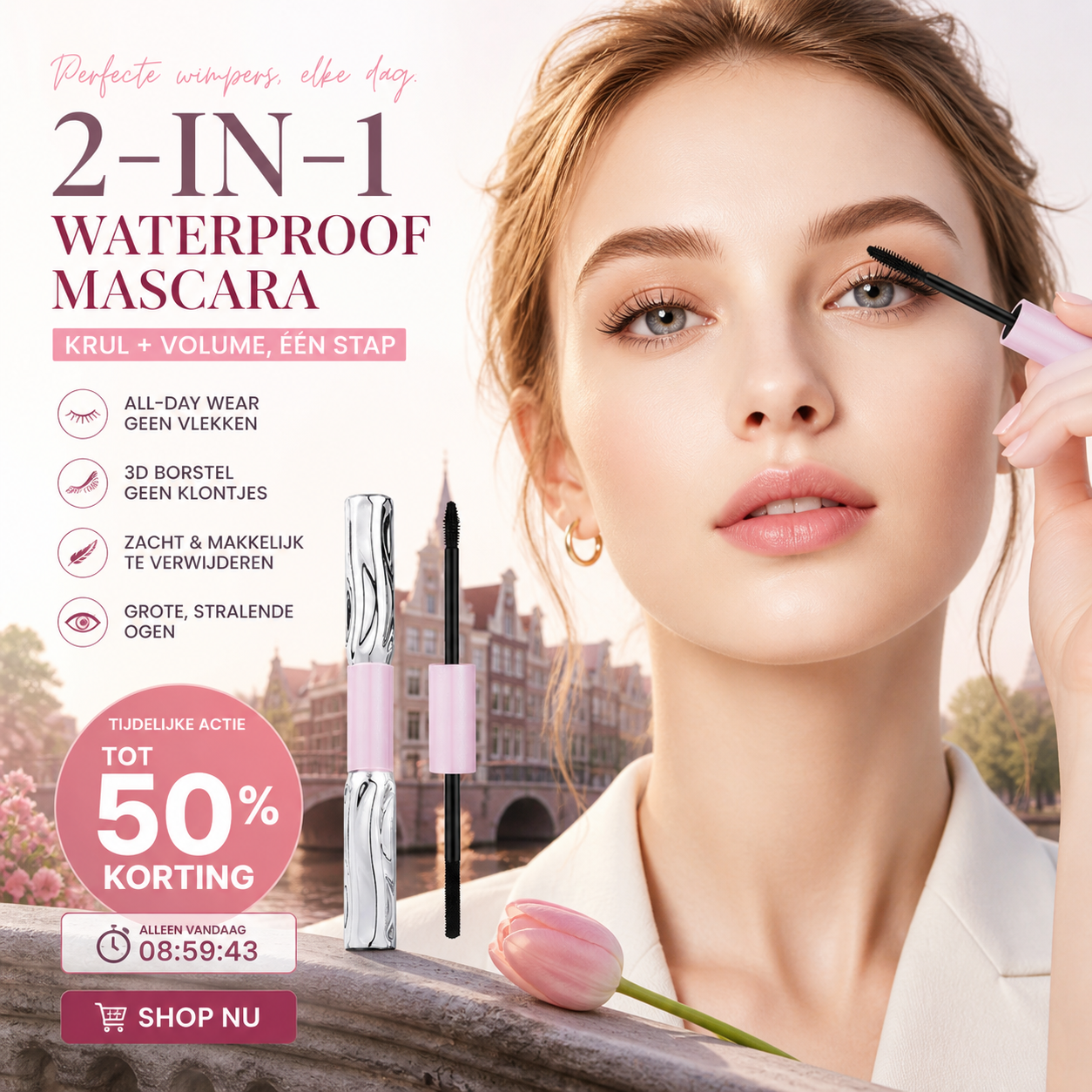 👁️ 50% korting! 2-in-1 volume & krul mascara – langhoudend, klontvrij & waterproof. Voor wauw-wimpers in 1 laag! ✨💖