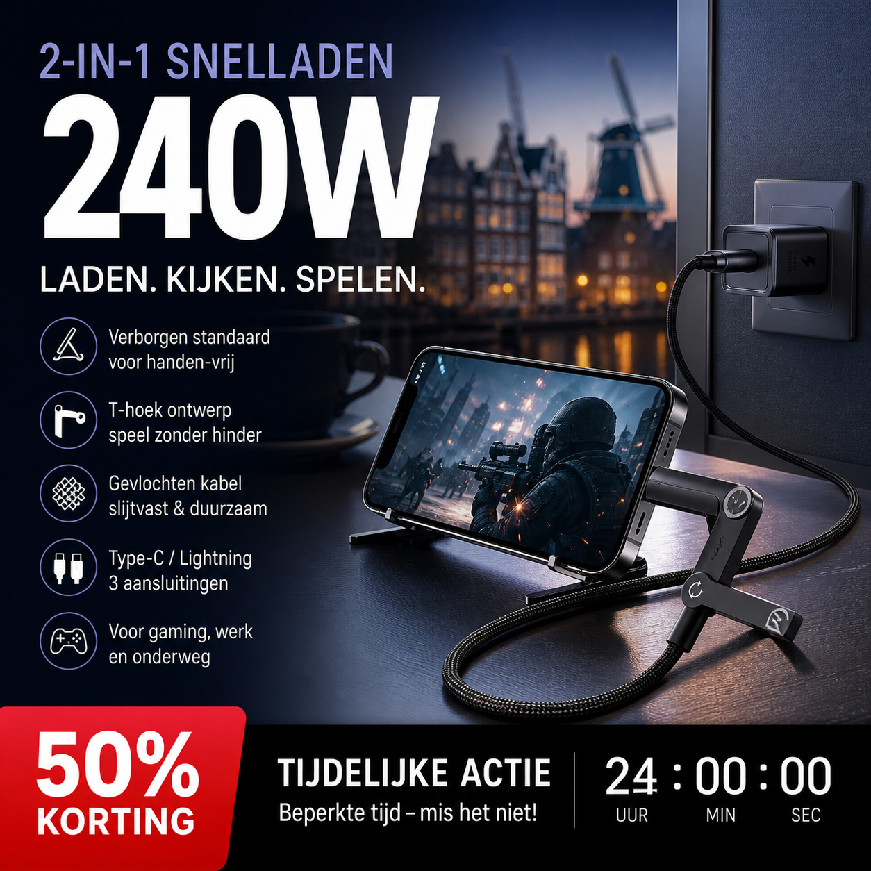 🔌 50% korting! 2-in-1 oplaadkabel met standaard – 240W supersnel, T-vormig & gevlochten. Laad & kijk handsfree! ⚡✨