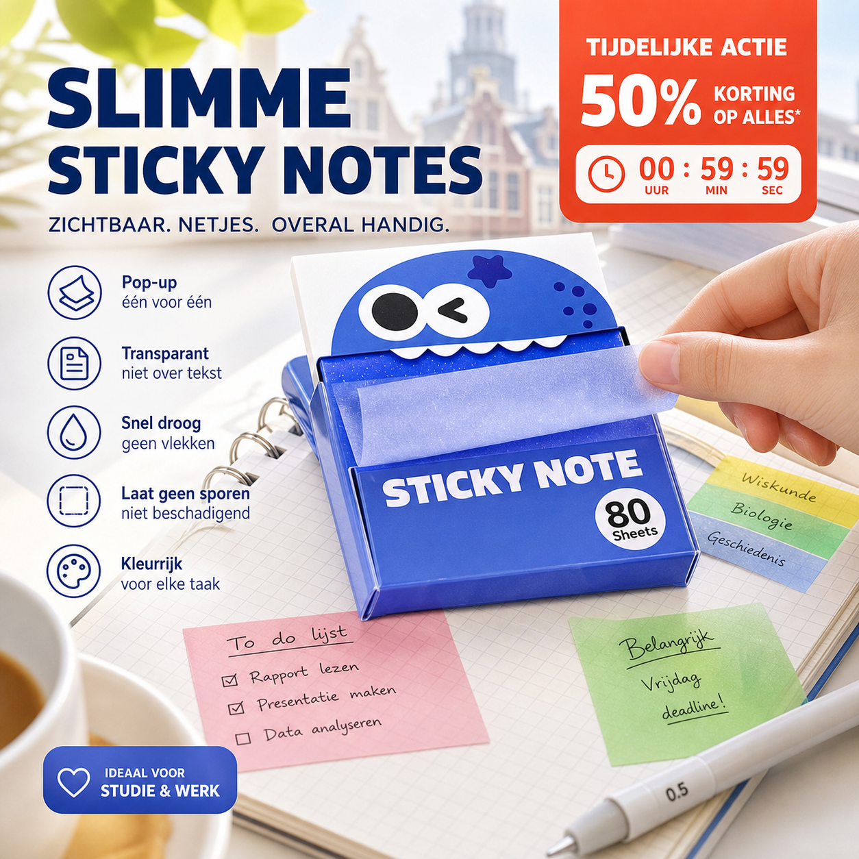 🌈 50% korting! Transparante plakbriefjes – 3 kleuren, 600 vel, geschikt voor alle pennen. Geen inktvlekken & restvrij! 🖊️💡