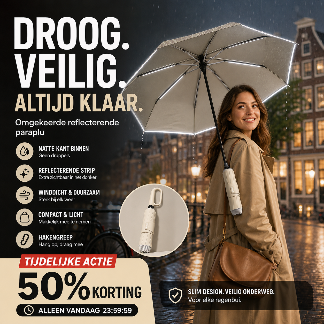 ☂️ 50% korting! Reflecterende veiligheidsparaplu – met ringgesp, stevig & windbestendig. Veilig & zichtbaar in regen en donker! 🌙✨
