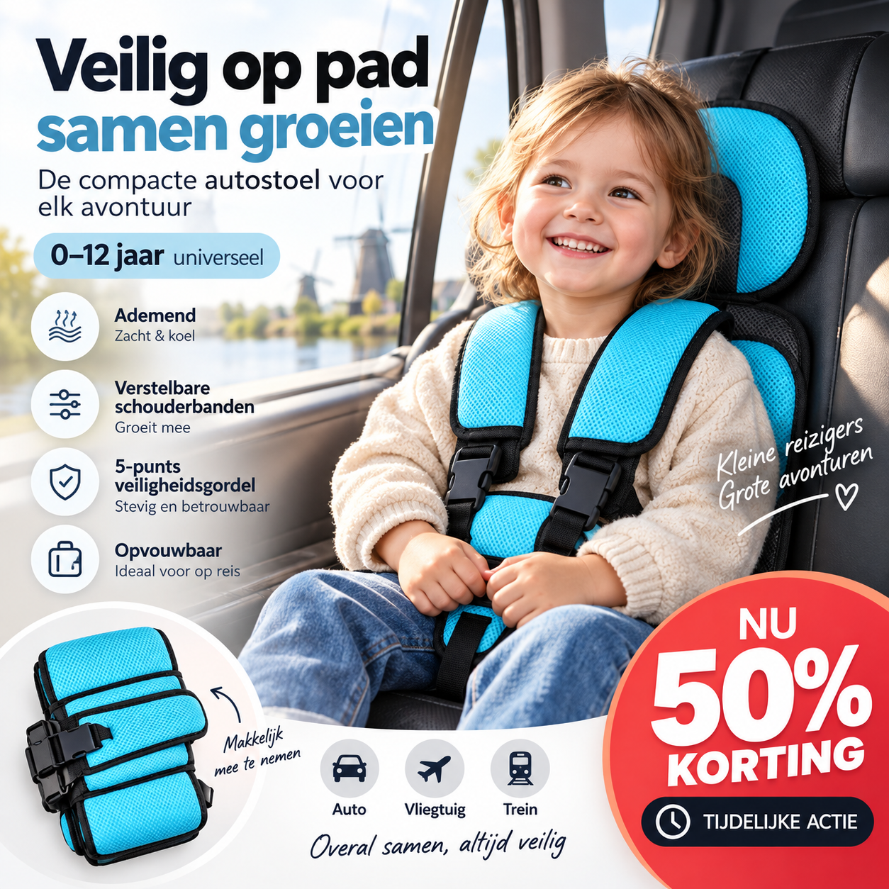 🧸 50% korting! Draagbare kinderautostoel – 0-12 jaar, 5-punts gordel & opvouwbaar. Perfect voor reizen, vliegtuig & trein – veilig & comfortabel! 🚗✨