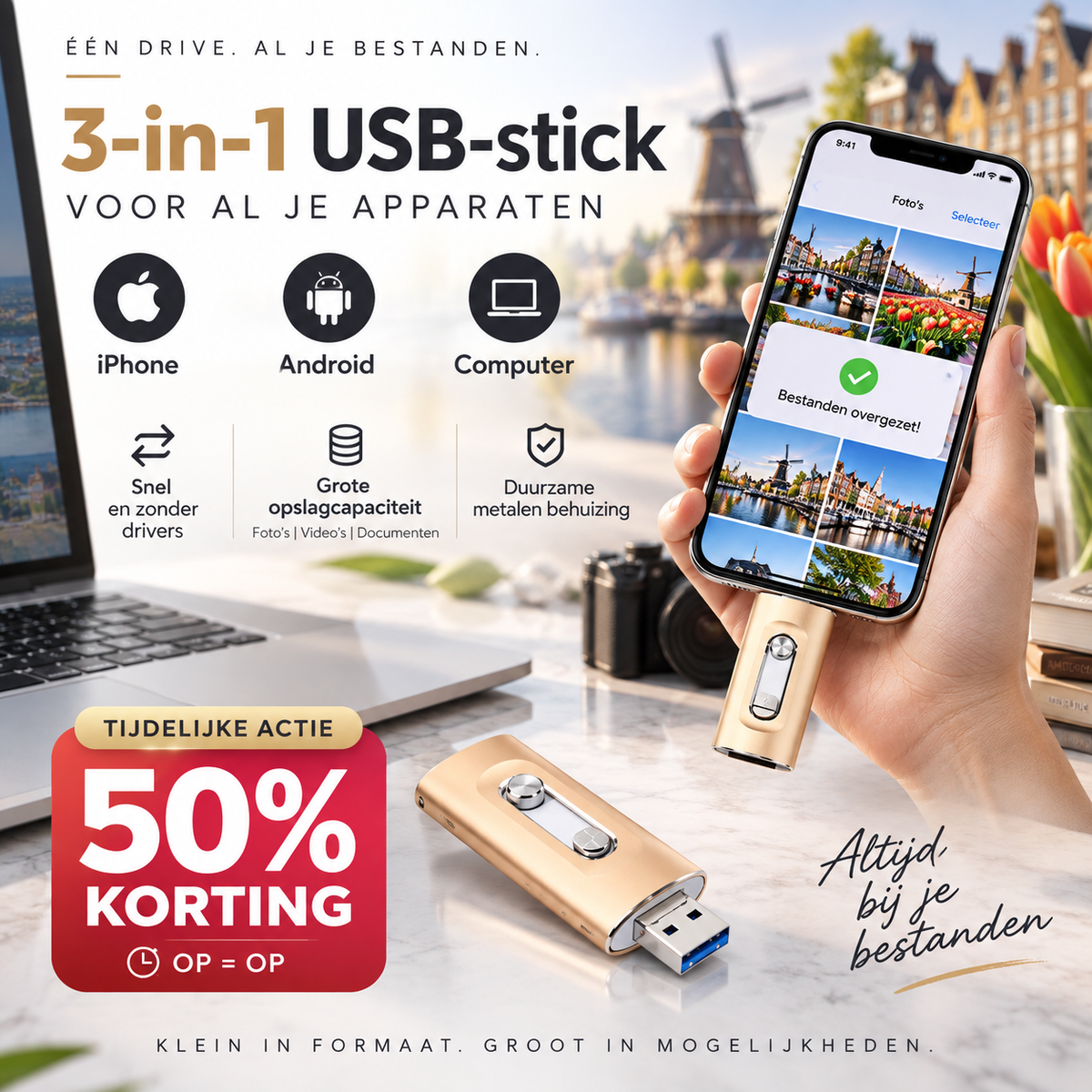 📱 50% korting! 3-in-1 universele USB-stick – voor iPhone, Android & PC. USB 3.0 supersnel – wissel bestanden moeiteloos uit! ✨🔄